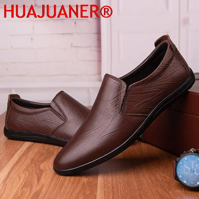 Amay New Italian Genuine Leather Shoes Men Loafers Casual Dress Flats Luxury Brand Soft Man Moccasins Comfy Slip On Formal Boat Shoes