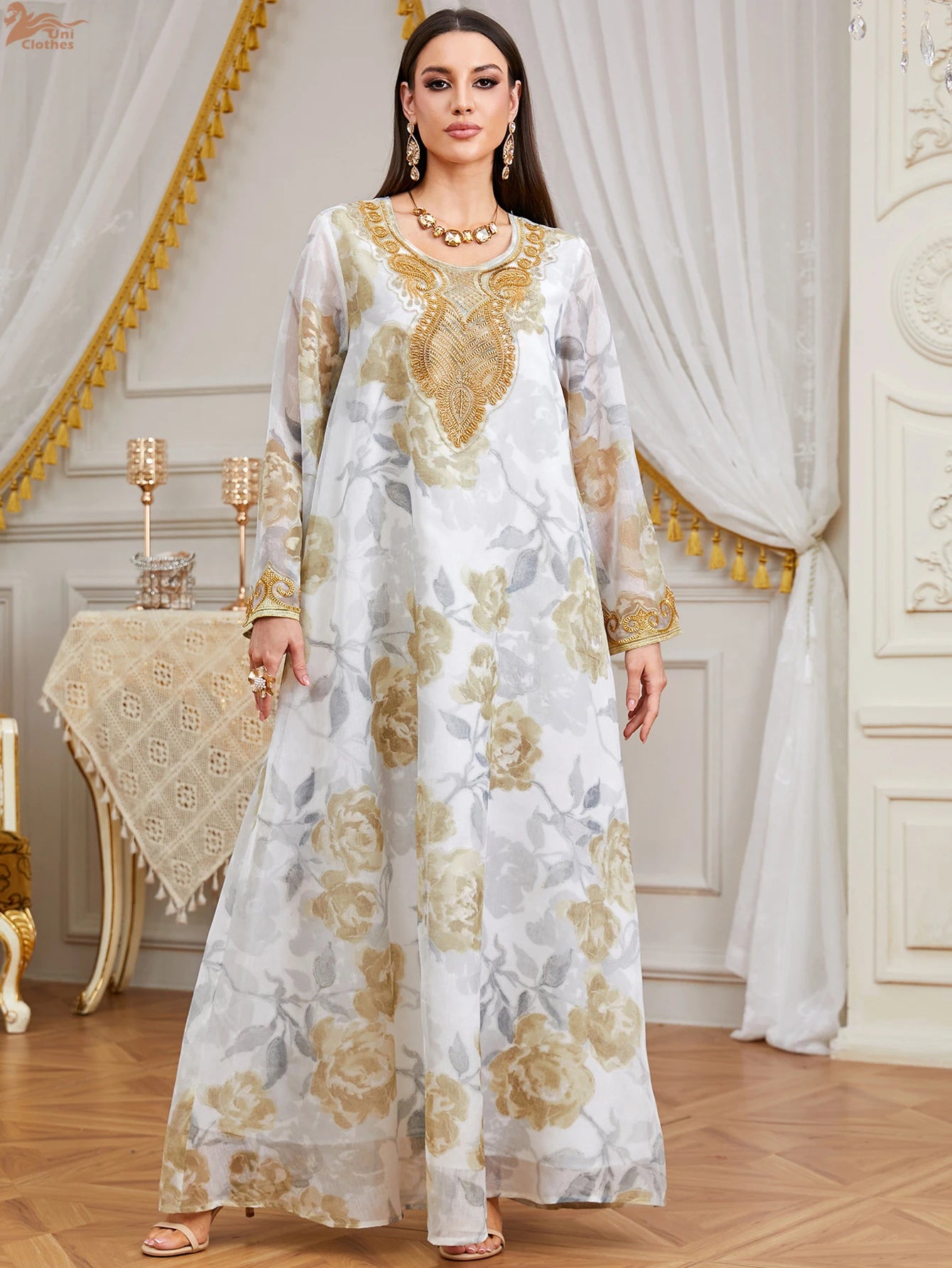 Zahraa 2026 Eid Muslim Beaded Printed Long Dress Elegant Modest Abaya Islam Clothing Dubai for Woman Party Dresses Jalabiya Gown