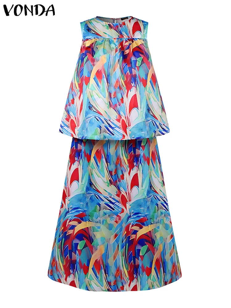 Maxy Plus Size 5XL Skirt Women Dress Sets Summer Sleeveless Tops Printed Sets 2PCS Casual Bohemian Loose Sets