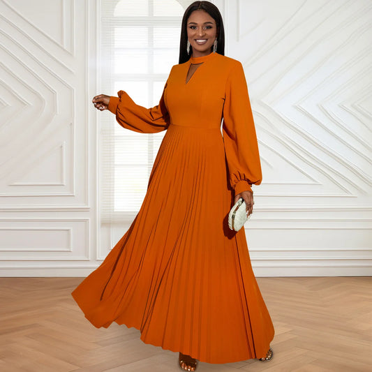 Maxy high-end hollow out small stand up collar party dress autumn lantern sleeve pleated dress