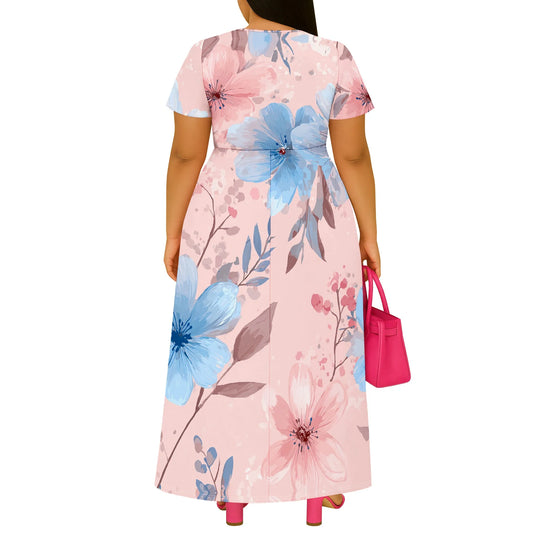 Maxy Pink Blue Floral Plus Size Dress XL-6XL V-Neck Short Sleeve Maxy Style with Slit for Garden Party, Brunch or Spring Wedding Look