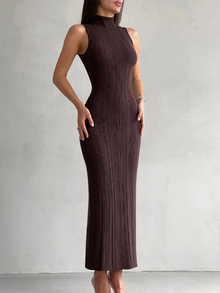 Maxy Talena Knitted Sleeveless Slim Long Dress Women's Fashion Elegant Evening Dress High Neck Solid Color Sexy Knitted Long Dress