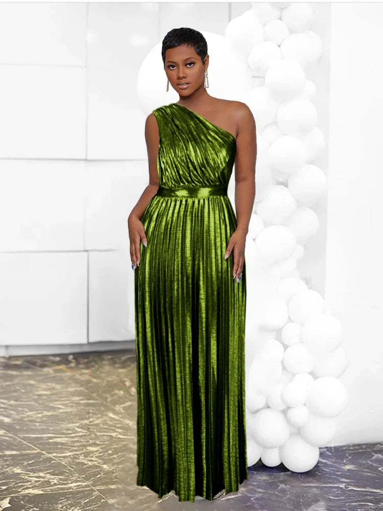 Amay Women Even Dresses Luxury Maxi Long Metallic Pleated Dress One Shoulder Sleeveless Premium Shiny Shimmer Gowns Big Size