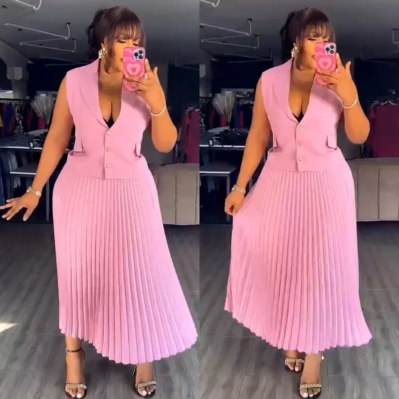 Maxy 2 Piece African Clothes for Women Summer Elegant African Sleeveless V-neck Polyester Top Pleat Skirts Dashiki African Clothes