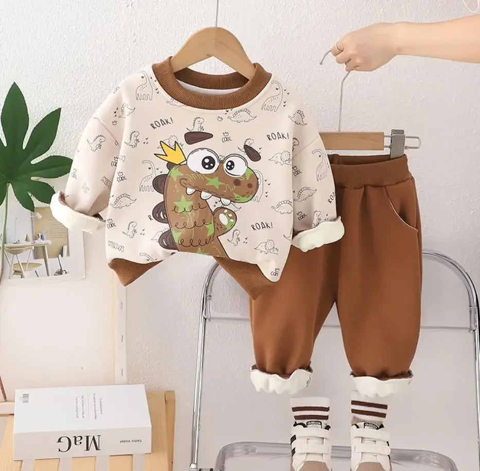 Maxy Baby Boys Clothes Toddler Sets Autumn Winter Casual Print Dinosaur Fleece Pullover Sweatshirt+Pants Boutique Outfits