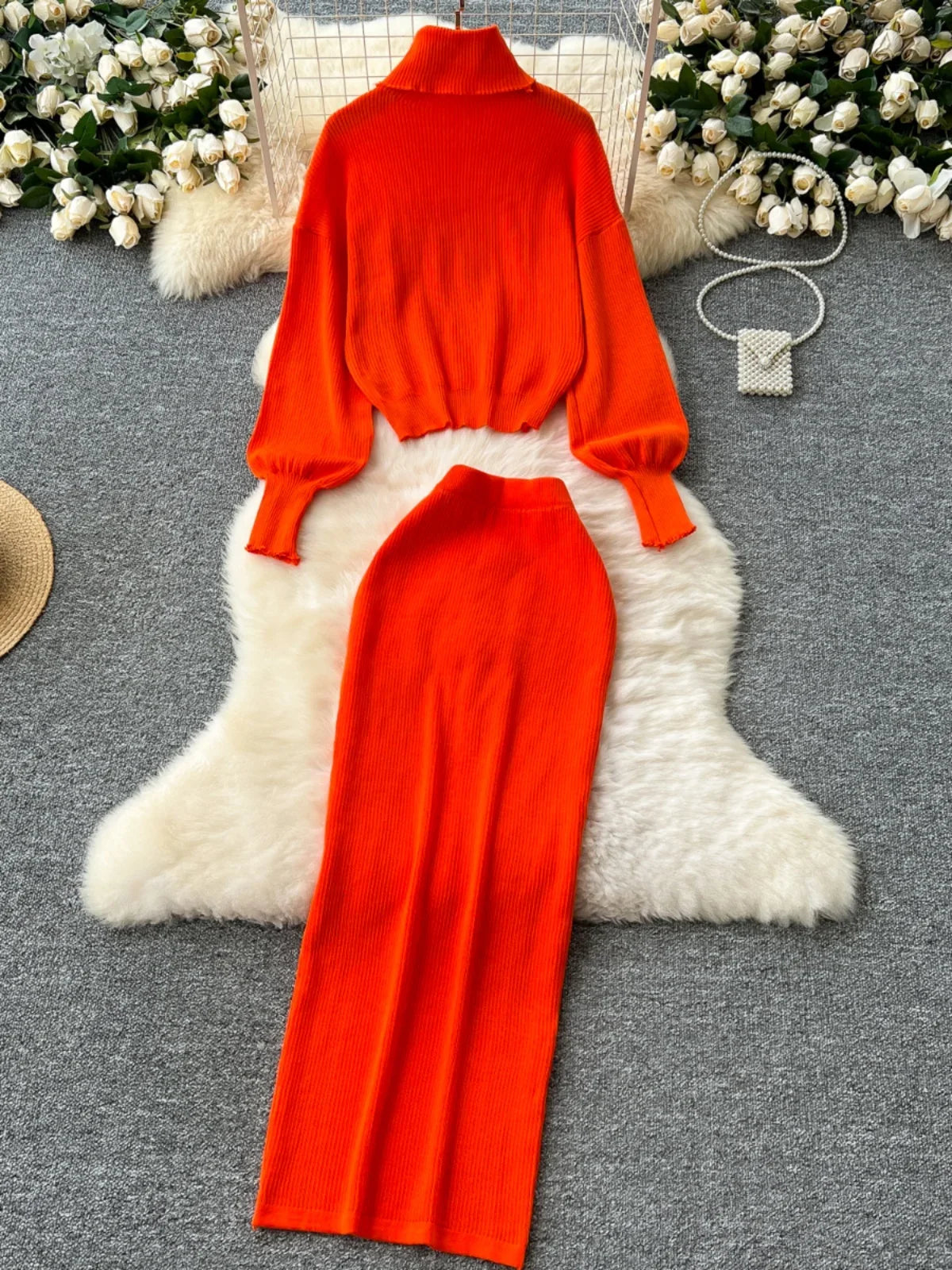 Amay Women Turtleneck Two Piece Sets Autumn Winter Long Sleeve Casual Knitted Sweater High Waisted Wrap Skirts Elgeant Tracksuits