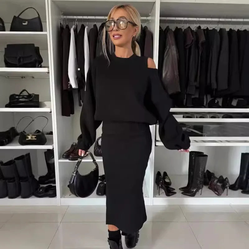 Maxy New Dress With Sweatshirt Two Piece Sets Women Fashion Solid Lantern Sleeve Pullover Top Outfits Autumn Winter Tank Dresses Suit