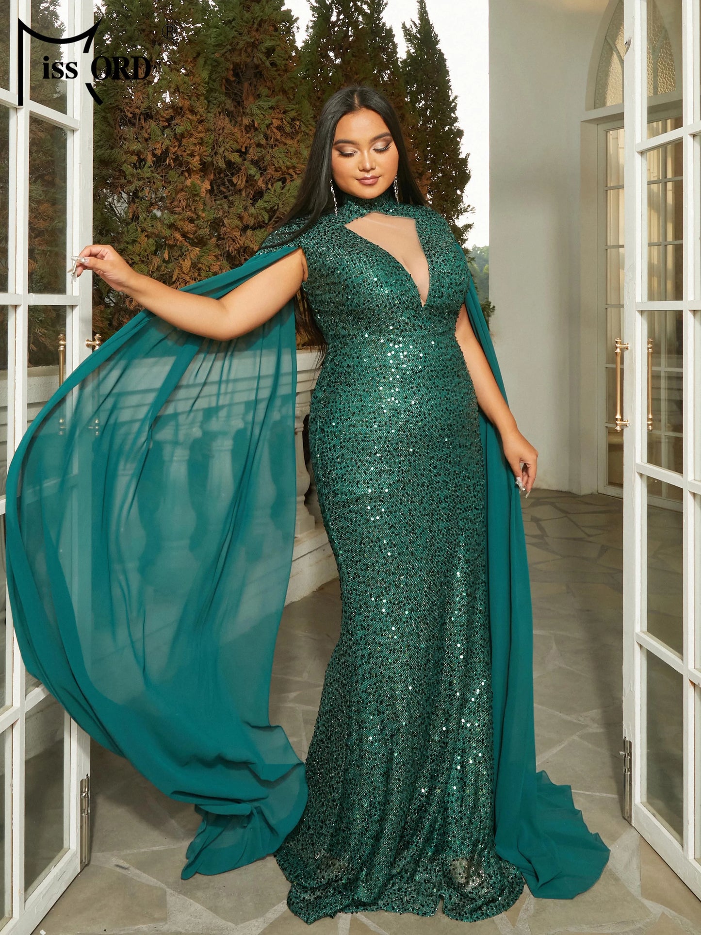 Maxy Plus Size Flowing Sleeves High Quality Luxury Dress Green Round Neck Sequin Mermaid Evening Dress