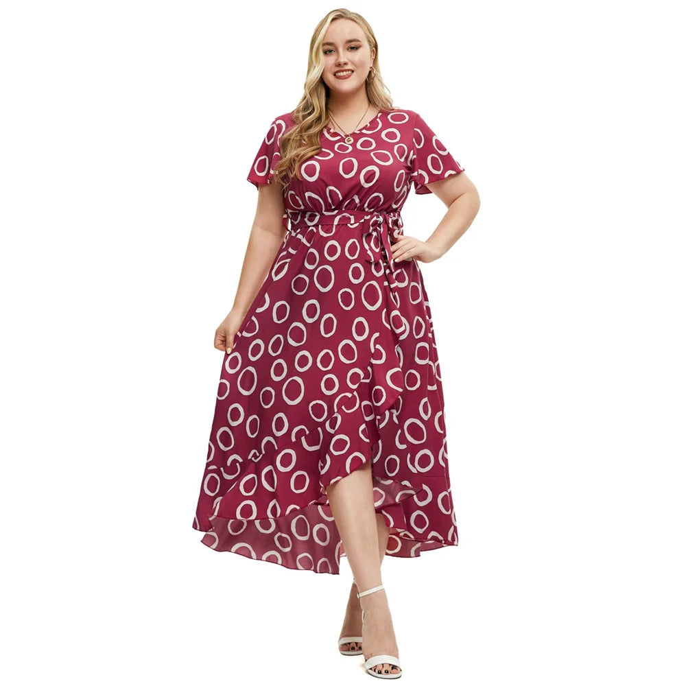 Maxy XL-5XL Summer Short Sleeve Red Print New In Dresses Trend 2025 Plus Size Women's Clothing On Sale Casual Cheap Maxy Dress Ladies