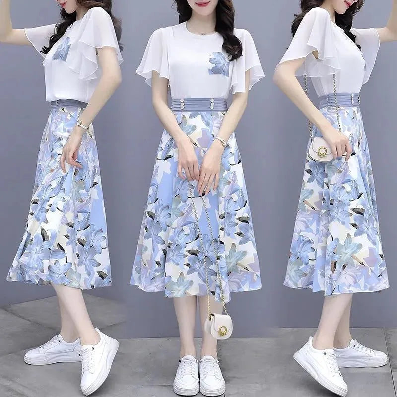Maxy Women's Suits Summer New Fashion Casual Slim Temperament Floral T-shirts Skirts Female Two Piece Sets SJ431