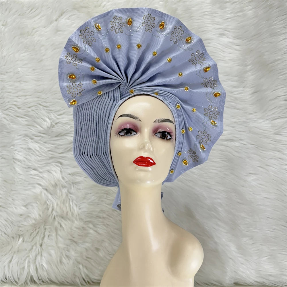 Maxy Luxury African Women’s Sego Head tie Crystal Stone Aso Oke Gele Aso Ebi Already Made Headtie Turban Cap Women Head Wear