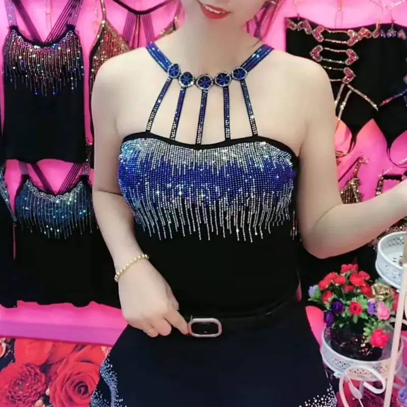 Maxy Spring Summer New Fashion Women Vest Camisole Pendant Bottomed Lady Shirt Vest Color Diamond Rhinestone White Blue