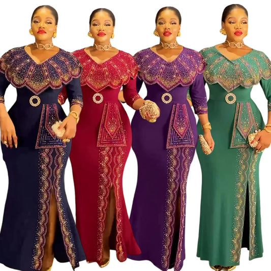 Amay Plus Size Party Dresses for Women Dashiki Diamond Bodycon Long Dress Elegant Muslim Wedding Evening Gowns Outfits