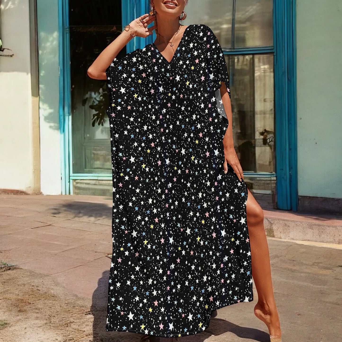 Maxy Starry Night Print Kaftan Maxy Dress V-Neck Loose Fit S-3XL – Fun Holiday Party or New Year’s Eve Celebration Look