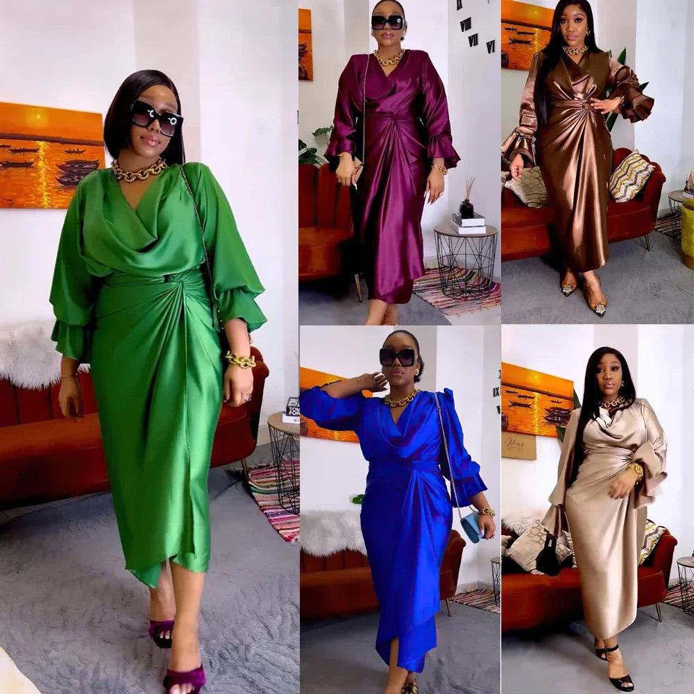 Maxy Elegant Women Summer Dress 2 Piece Set Shiny Satin Pile Collar Long Sleeve Tops and Wrap Midi Skirt Suit Party Church Clothes