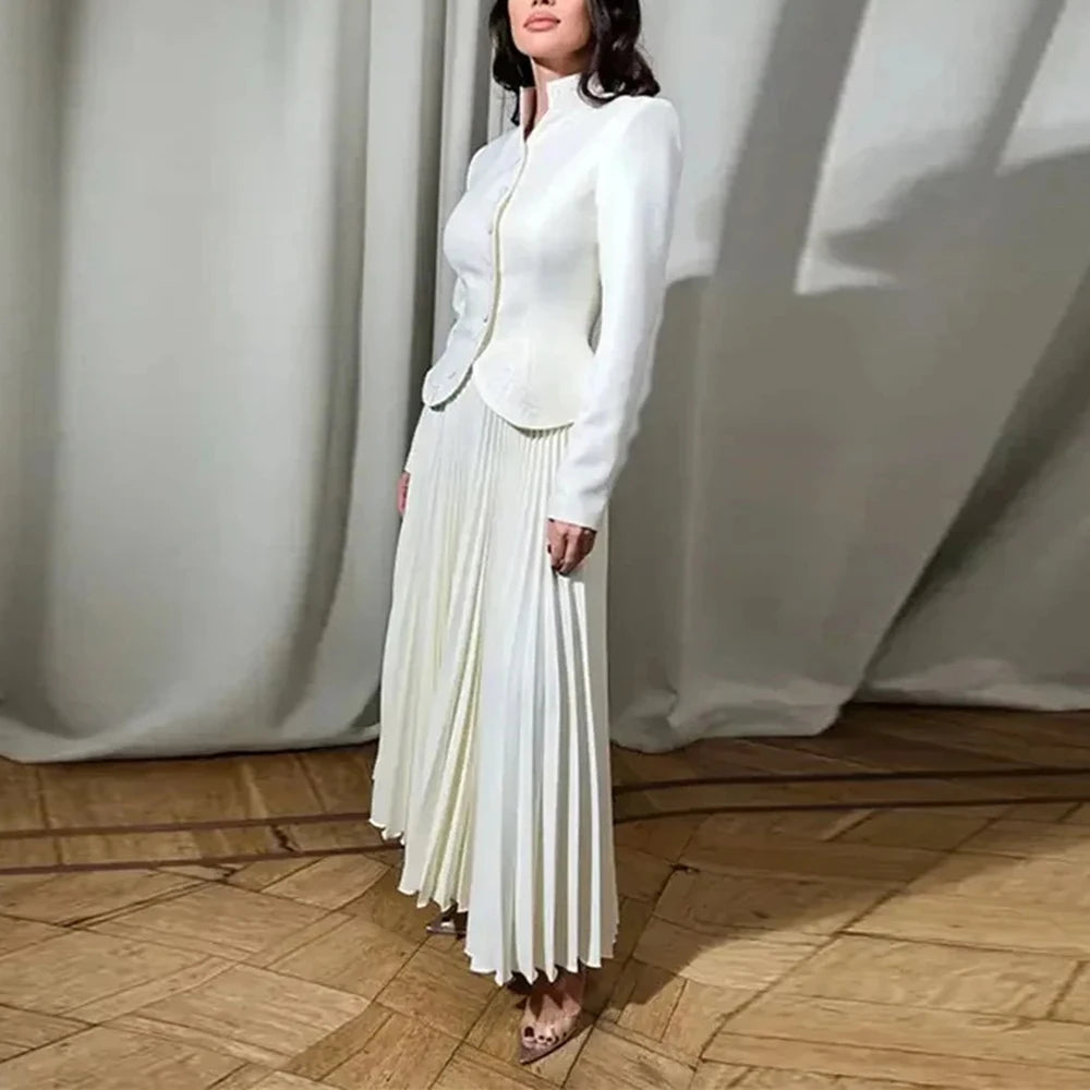 Amay Embroidery Solid Two Piece Set For Women Stand Collar Long Sleeve Spliced Button Tops High Waist Folds Skirt Chic Set Female