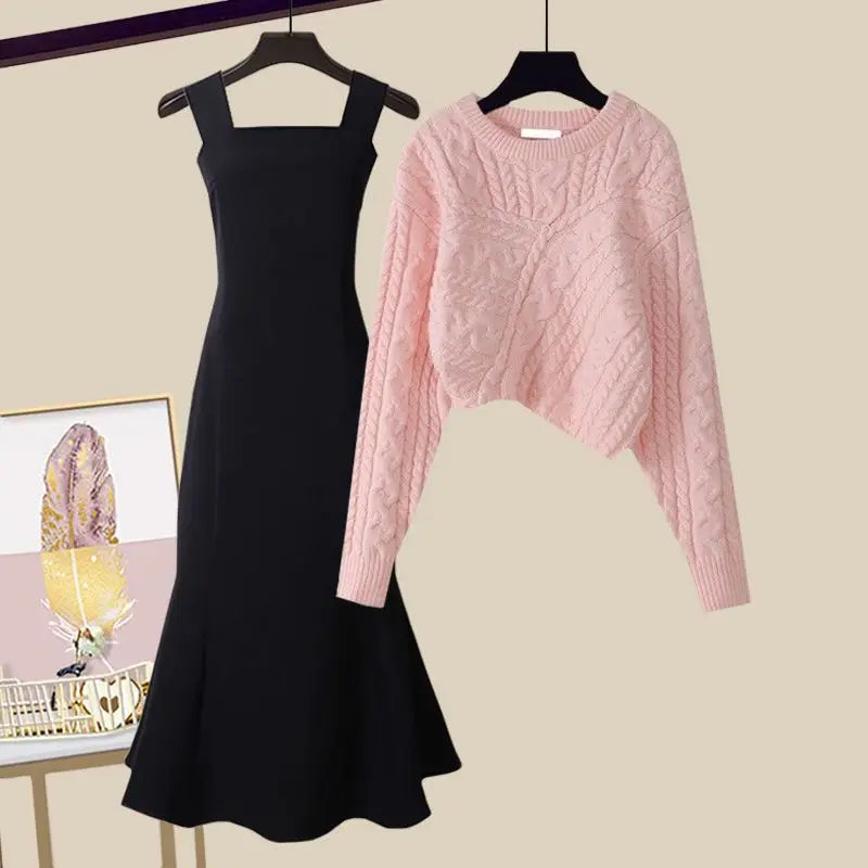 Maxy New Winter Creative Asymmetric Thickened Knit Sweater Pullover Slim Sling Dress Two-piece Elegant Women's Skirt Set Outfit