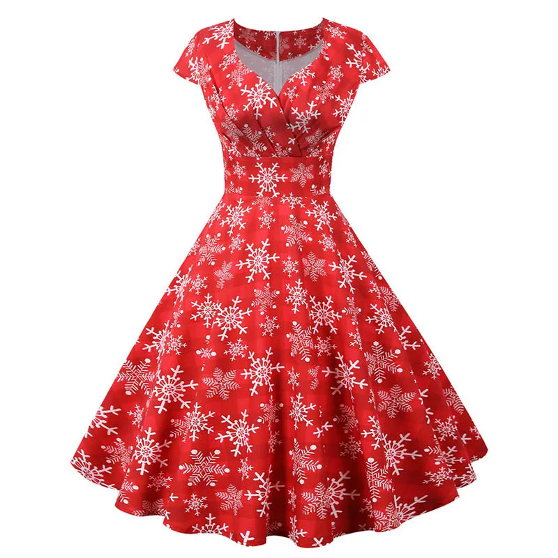 Women Christmas Party Dress  Short Sleeve V Neck Elegant Vintage Print Xmas New Year Prom Sundress  3XL Robe