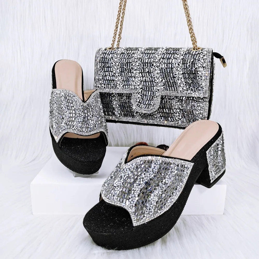 Maxy Design Summer Rhinestone Woman Shoes and Purse Set for Party African Elegant Pumps Slipper And Bag Matching Set