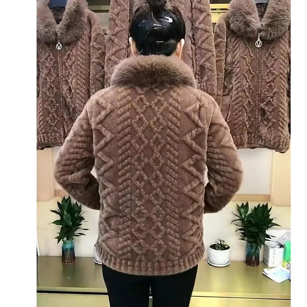 Maxy Mother Winter Jacket Thicken Imitation Mink Velvet Woolen Coat Fashion Fur Collar Large Size Zipper Knitted Cardigan Sweater 5XL