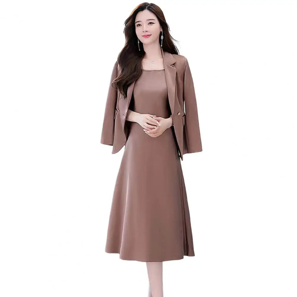 Maxy Women's Office Suit Fashion Blazer suit Simple Solid Color Spring Summer Half Sleeve Top + Dress 2 Piece Set Blazer