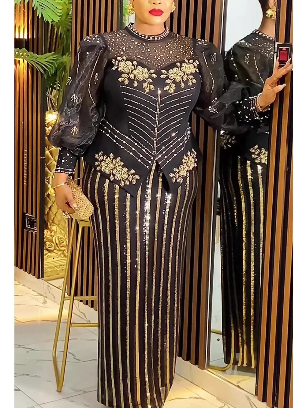 Amay Dresses for Women New Fashion Plus Size Sequin Evening Party Long Dress Dashiki Ankara Outfits Robe African Clothes