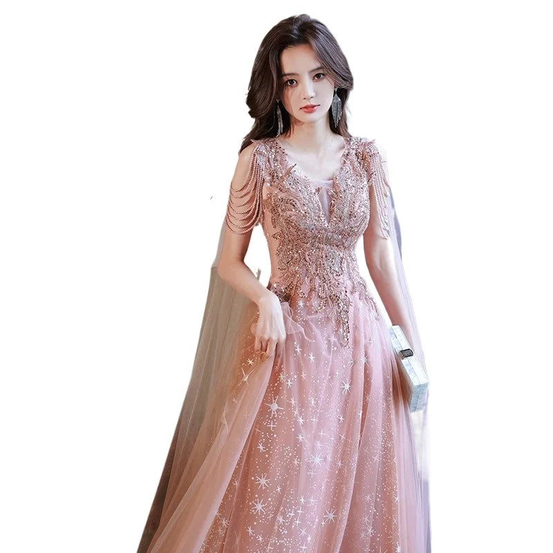 Maxy Summer Women's New Super Immortal Beaded Glitter Celebrity Long Style Banquet Evening Dress Fashion Art Exam Host Dress
