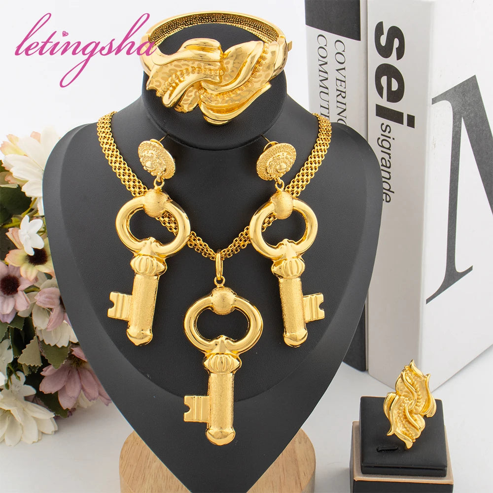 Amay Copper Gold Plated Jewelry Set Hip Hop Key Design Necklace Earrings Luxury Classic Bangle Ring Set Daily Wear Party Gift