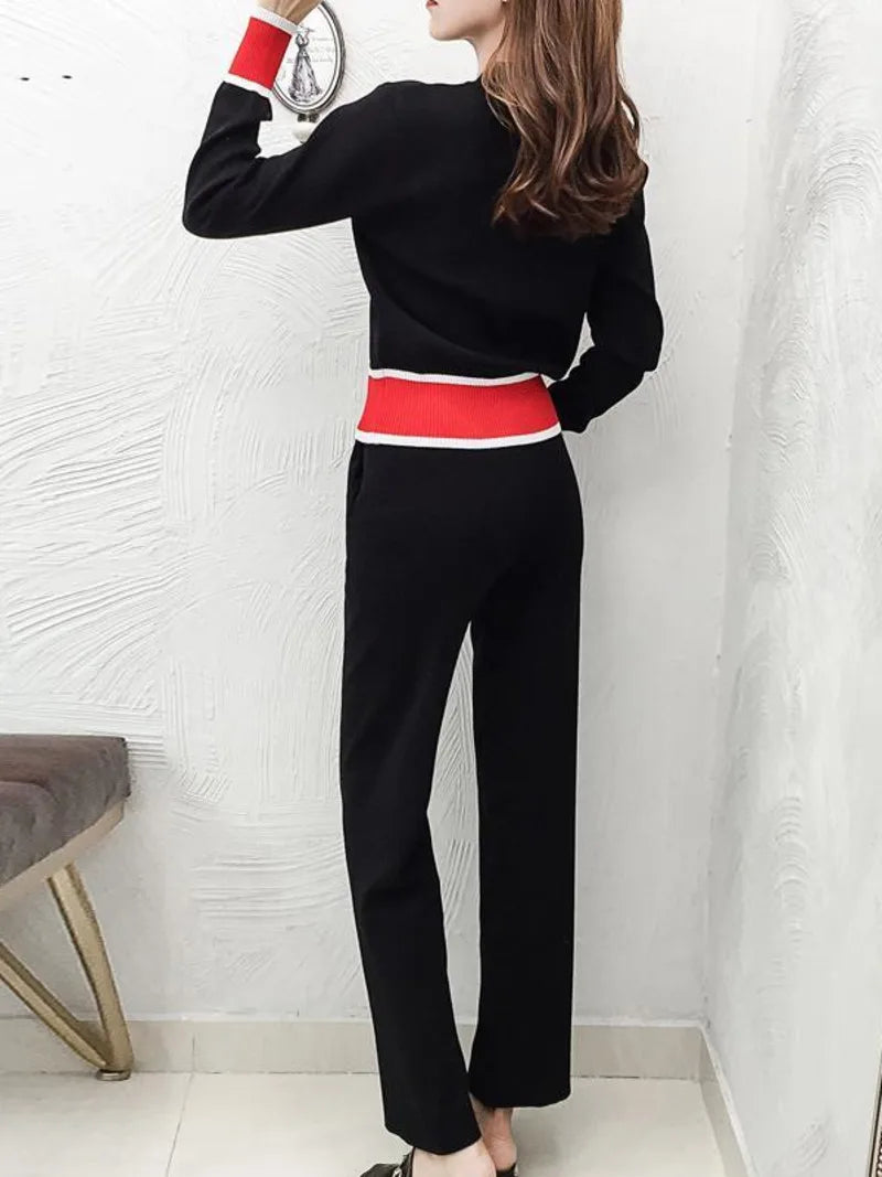 Maxy Knitted Tracksuit Women 2 Piece Set Cardigan Sweater + Wide Leg Pants Suit Sport Two Piece Outfits