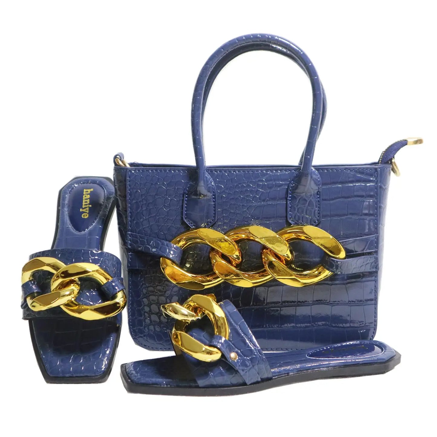 Maxy Big Metal Chain Decoration PU Handbags Matching Square Toe Flats Slippers Stone Pattern Shoes And Bag Set