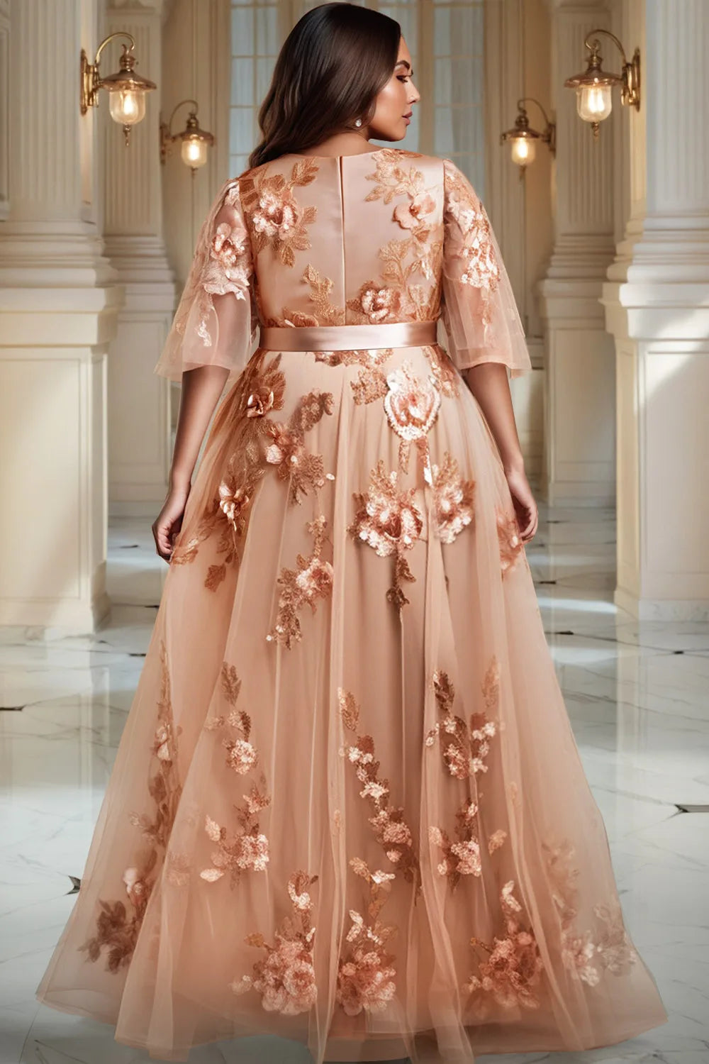 Maxy Plus Size Mother of The Bride Sequin Rose Gold V Neck Tulle Maxy Dresses