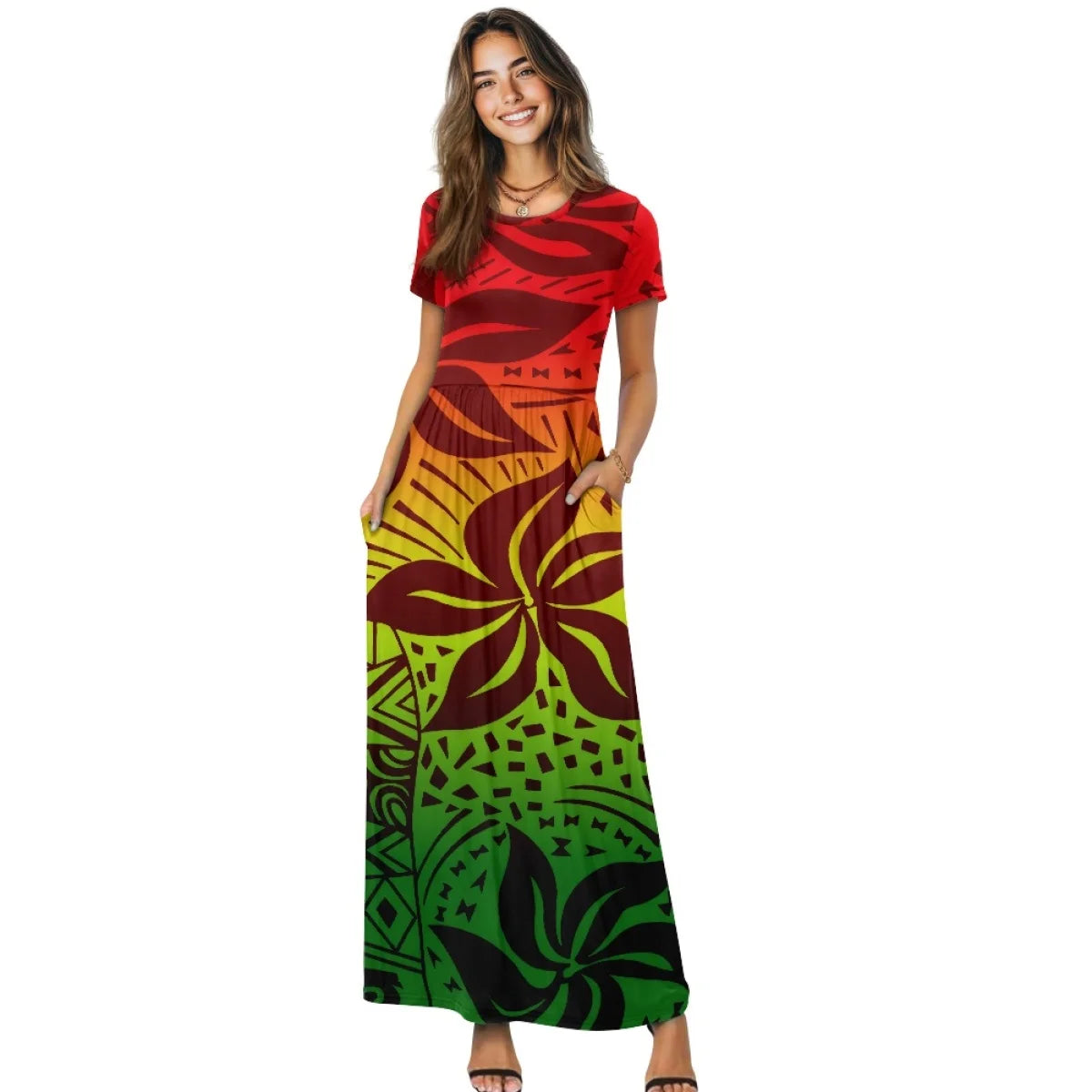 Maxy New Plumeria Style Short Sleeve Pleated Casual Dress Polynesian Loose Pocket Long Dress Women's Casual Comfortable