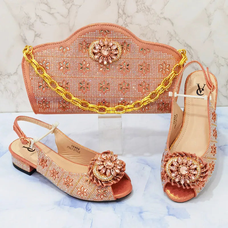 Maxy Elegant Low Heels New Arrival Hot Selling Peach Color Crystal Style Italian design Wedding Women Shoes and Bag Set for Party