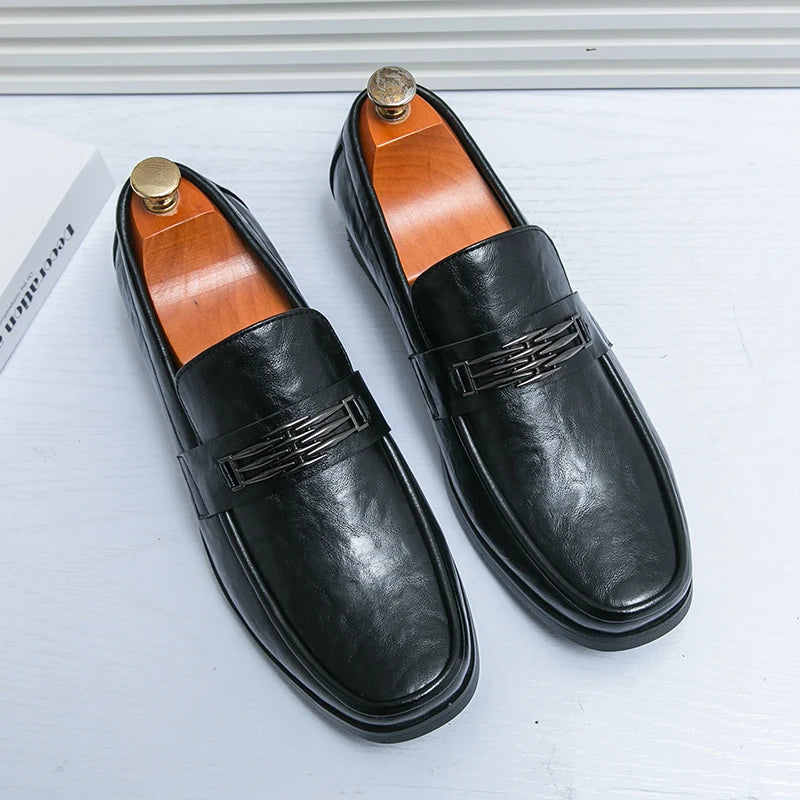 Amay Italian High-end Leather Slip-on Shoes Mens Business Dress Round Head British Slip-On Formal Casual Loafer Oxford Shoes Wedding
