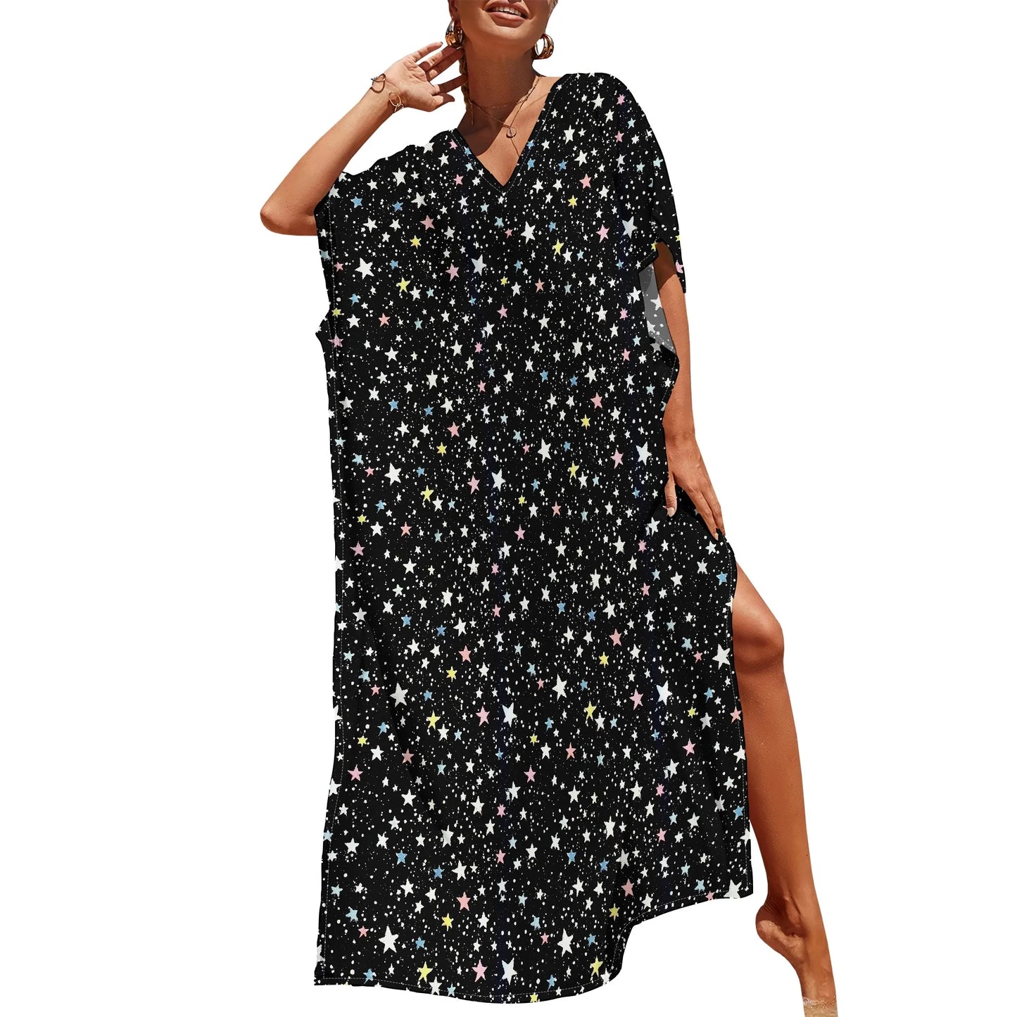 Maxy Starry Night Print Kaftan Maxy Dress V-Neck Loose Fit S-3XL – Fun Holiday Party or New Year’s Eve Celebration Look