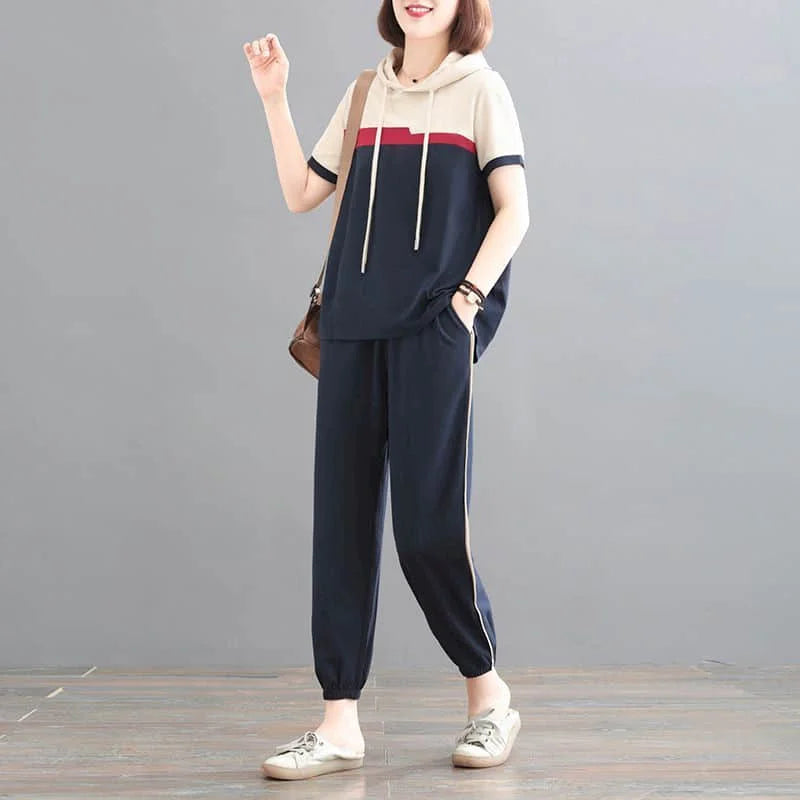 Maxy Pants Set Large Size Korean Style Loose Short Sleeve Hooded Tracksuit T-shirt and Blue Harem Pants Two Piece Set Women Outfits