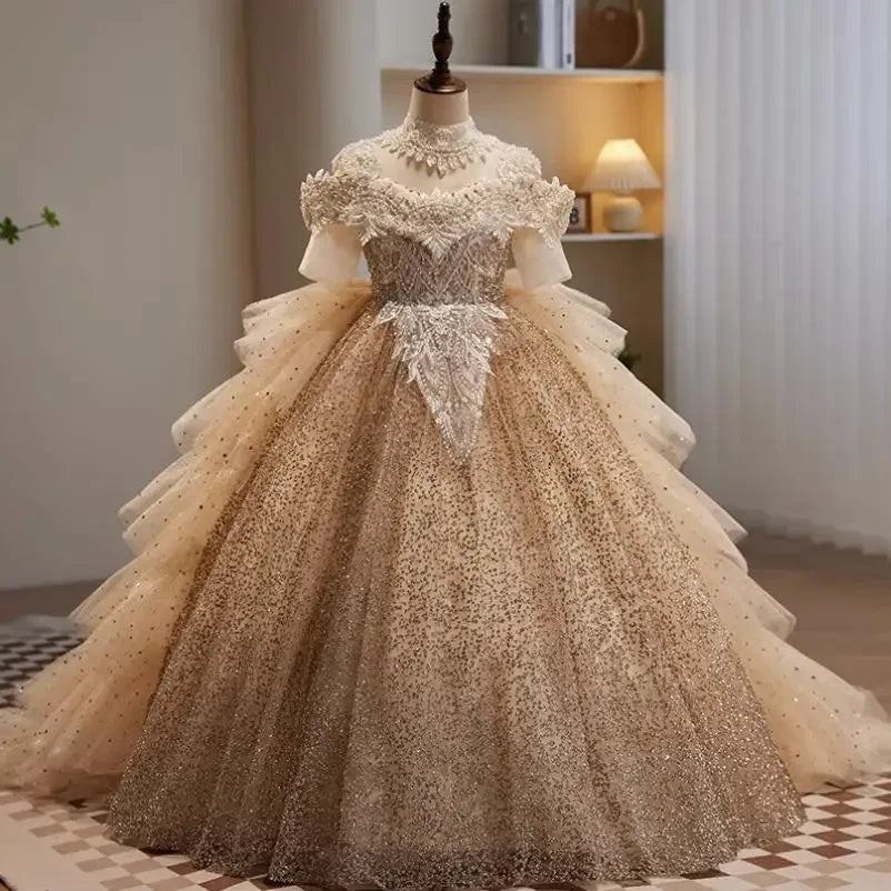Maxy High-End Children's Pearls Sequin Evening Gown Wedding Birthday Catwalk Host Performance Party Girls' Trailing Dress A2894