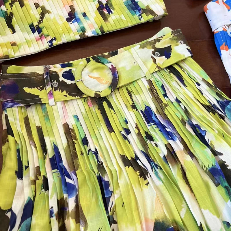 Amay Printing Elegant Two Piece Set For Women Strapless Sleeveless Mini Top High Waist Spliced Belt Skirt Slimming Sets Female