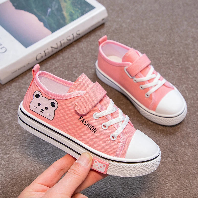 Maxy Flat Children Shoes Girls Sneaker Lightweight Cute Bear Kids Casual Sneaker Toddler Walking Sports Little Girls Canvas Shoe