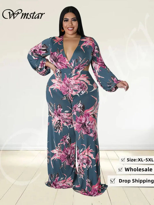 Amay Plus Size Jumpsuit Women Fall Clothes Print One Piece Outfits V Neck Wide Leg Office Ladies Romper