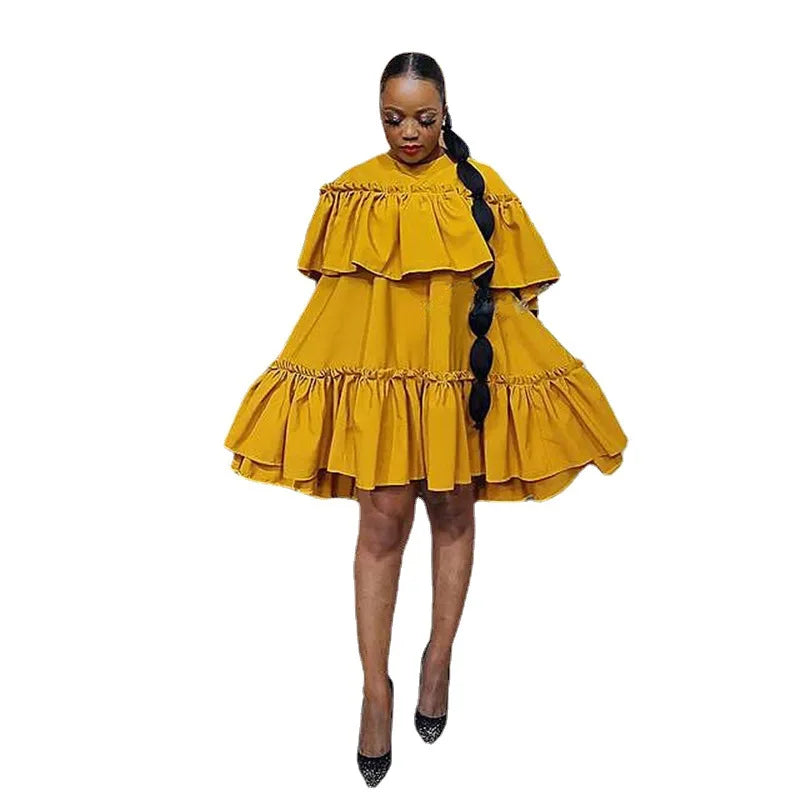 Maxy Summer Elegent African Women Half Sleeve Yellow O-neck Polyester Butterfly Sleeve Dress African Dresses for Women S-3XL