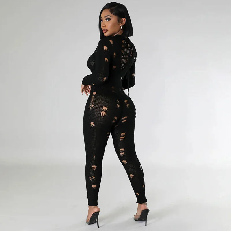 Amay Hollow Out Knit Slim Plain Ripped Jumpsuits Stand Collar Distressed Bodycon Lady Streetwear Casual Women Long Sleeve Jumpsuit