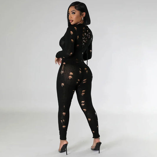 Amay Hollow Out Knit Slim Plain Ripped Jumpsuits Stand Collar Distressed Bodycon Lady Streetwear Casual Women Long Sleeve Jumpsuit