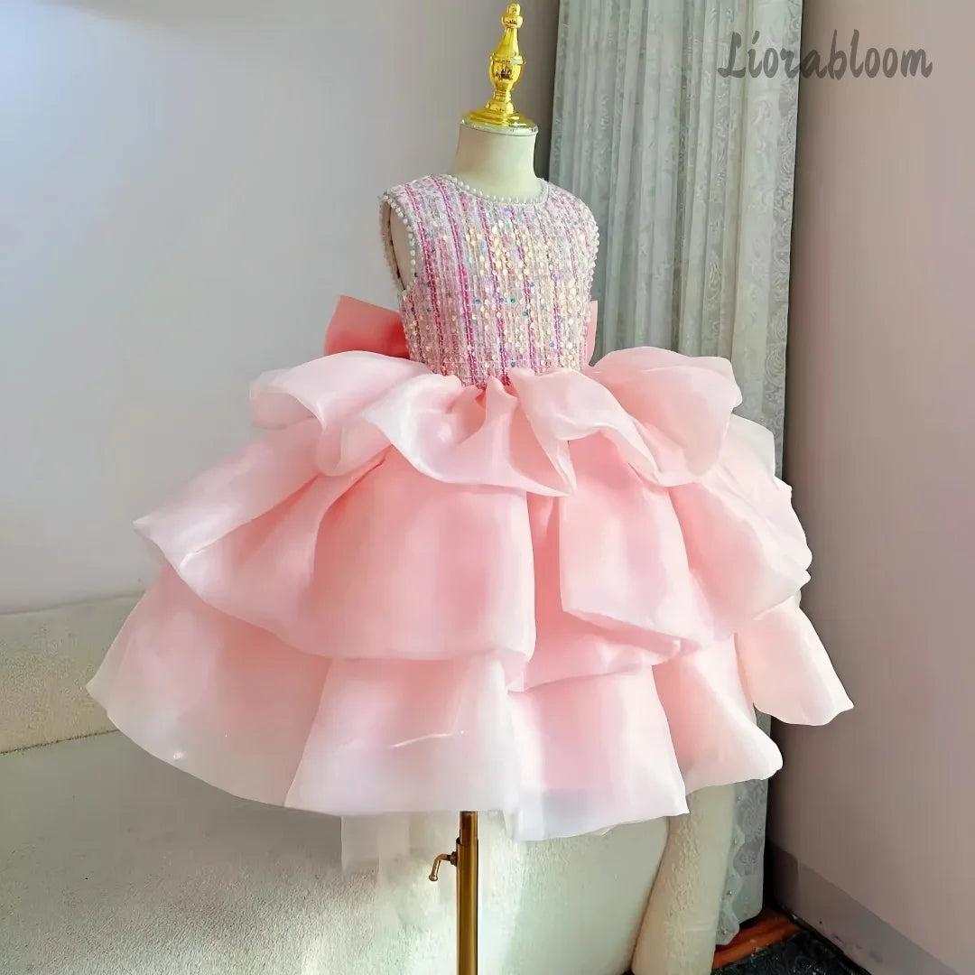Pink Rhinestone Embellished Flower Girl Dress Short Puffy Formal Party Ball Gown for Little Girls