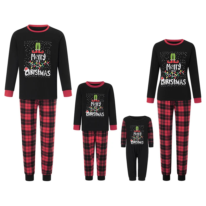 Maxy Christmas Family Pajamas Matching Set, Long Sleeve Letters Print T-shirt with Plaid Pants Sleepwear Loungewear