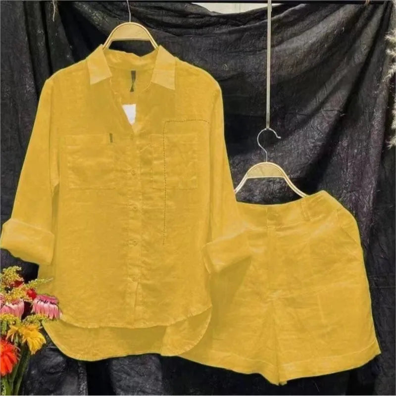 Maxy Summer Casual Home 2 Piece Set For Women Basics Cotton White Long Sleeve Shirt and Shorts Pants Set New Fashion Tracksuit