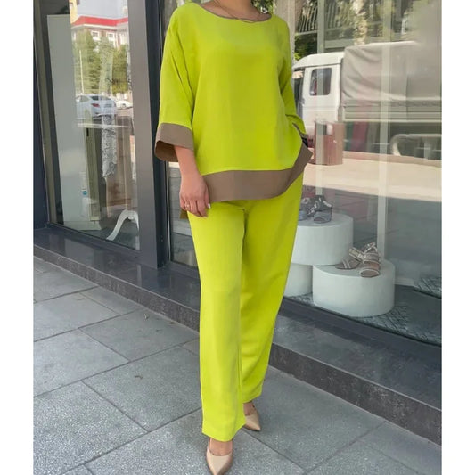 Maxy 2 Pcs/Set Women Top Pants Suit Three Quarter Sleeves Round Neck T-shirt High Wide Leg Trousers Casual Loose Blouse Pants Set