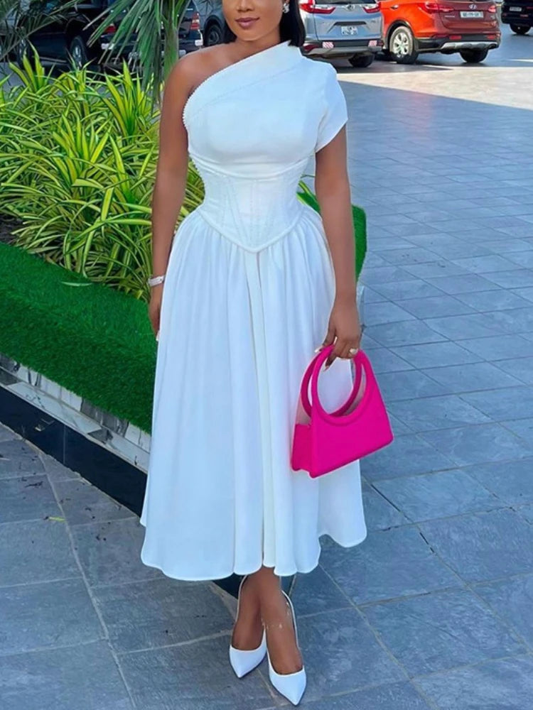 Women Summer Short Sleeve Corset Dresses Elegant One Shoulder Adjustable Drawstring High Waist A Line Midi Dress Sister Clothes