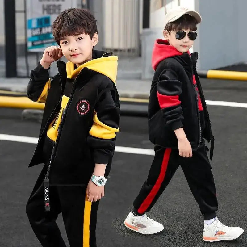 Maxy 2024 winter Boys tracksuit Autumn Toddler Teenager Clothes vest velvet jacket + Sweatishrt hooded + Pant Children Kids 4 12 year