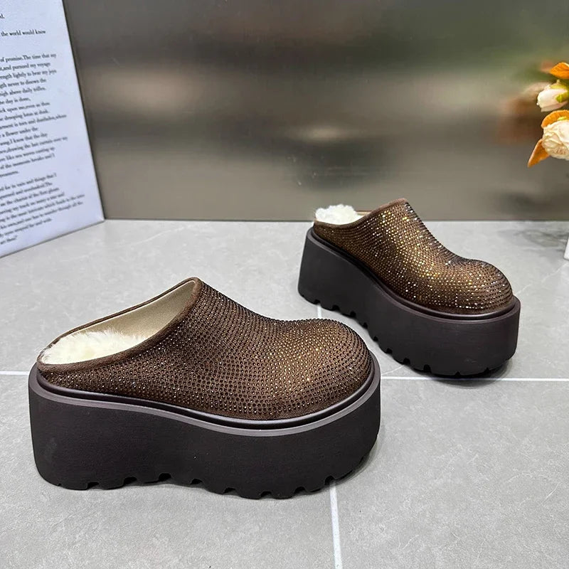 Babs Rhinestone Short Plush Women Mules Slippers Casual Cover Toe Ladies Comfort Outdoor Platform Flats House Cotton Shoes